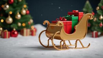 A captivating 3D rendering showcases a golden Christmas sleigh surrounded by soft glowing snowfall amidst a festive Christmas backdrop filled with red and green presents photo