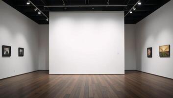 Art gallery with dark wood floors and large blank walls Minimalistic Monochromatic photo