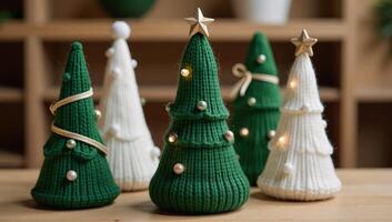 Handmade knitted Christmas tree decorations with green white color scheme for indoor holiday dcor photo