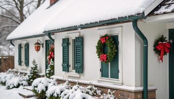 A cozy winter home decked out for Christmas in watercolor vectors photo