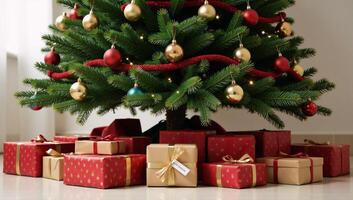 Generative image of Christmas tree adorned with presents under it Holiday Festive photo