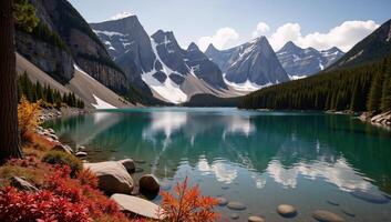 Autumn and Winter landscapes blend within scenic images featuring lakes and mountains photo