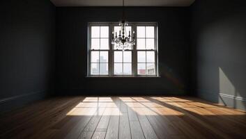 Empty room featuring darkgray walls wood floors large windows allow natural light for shadowy patterns photo