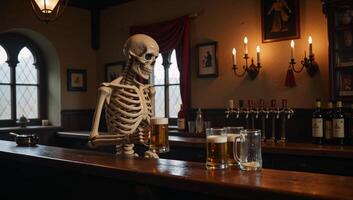 Skeleton Bartender serves Oktoberfest Beer at Spooky Pub photo