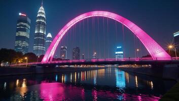 Futuristic cityscape featuring neonlit arch bridge over a glowing river at night photo