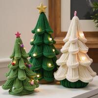 Handmade knitted Christmas tree decorations with green white color scheme for indoor holiday dcor photo