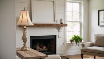 Cozy countrystyle living room featuring shiplap walls distressed wood furniture and a large white frame on the mantel perfect for showcasing family memories or rustic artwork photo