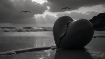 Heart shattered against a backdrop of darkness and stormy seas on the beach at night photo