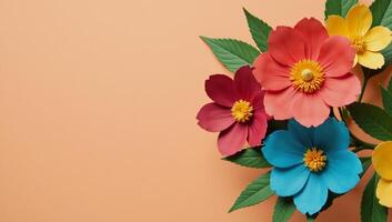 A detailed illustration showcases vibrant paper flowers and leaves against a peach backdrop photo