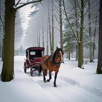 A horsedrawn carriage amidst a snowy winter forest photo