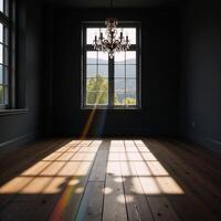 Empty room featuring darkgray walls wood floors large windows allow natural light for shadowy patterns photo