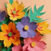 A detailed illustration showcases vibrant paper flowers and leaves against a peach backdrop photo