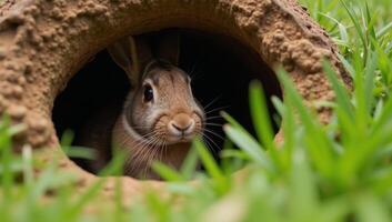 Rabbit peeking from burrow curious about outside world photo