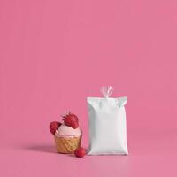 Isolated white ice cream cone on pink background empty strawberryraspberry ice cream pack mockups displayed in clear wrapping showcasing the Sundae Packaging Label Design with transparent cover photo