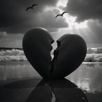 Heart shattered against a backdrop of darkness and stormy seas on the beach at night photo