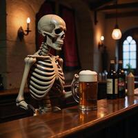 Skeleton Bartender serves Oktoberfest Beer at Spooky Pub photo