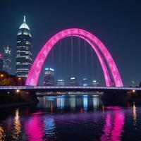 Futuristic cityscape featuring neonlit arch bridge over a glowing river at night photo