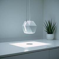 Futuristic mind control interface depicted in sleek white minimalist lab with cool tones photo
