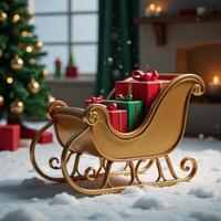 A captivating 3D rendering showcases a golden Christmas sleigh surrounded by soft glowing snowfall amidst a festive Christmas backdrop filled with red and green presents photo