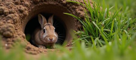 Rabbit peeking from burrow curious about outside world photo