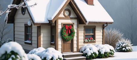 A cozy winter home decked out for Christmas in watercolor vectors photo