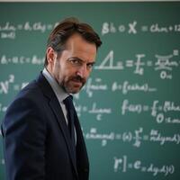 A businessman ponders amidst a wall of queries on a chalkboard photo