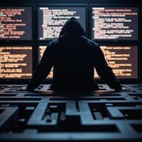 Hooded hacker silhouette amidst glowing binary codes and screens displaying number sequences photo