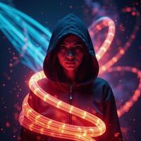Mystical hooded figure amidst vibrant abstract light trails symbolizing contemporary digital aesthetics photo