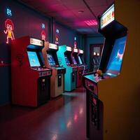 Nostalgic Arcade Room Illustration Retro Gaming Cabinets Neon Lights photo