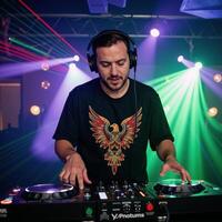 Illustrated image showcasing a DJ wearing headphones amidst pulsating laser light effects at a nightclub photo
