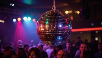 Glowing disco ball illuminates club dance floor with vibrant rainbows photo