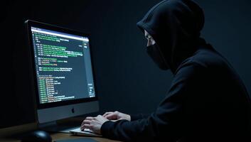 Dark Web Marketplace depicts hooded hacker engaging in Bitcoin transaction signifying secret realm of digital currency cybercrime photo