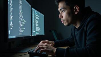 Digital illustration showcases a hacker at work with hightech equipment surrounding them photo