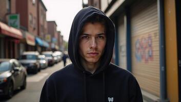Young man gazes at gritty cityscape amidst themes of urban delinquency and youth challenges photo