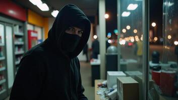 Hooded figure stealing from store during nighttime urban crime scene photo