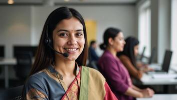 Closeup portrait of an Indian customer service representative wearing a headset at their desk to represent the concept of support services photo