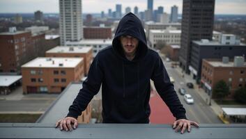 Hooded figure is depicted standing on a rooftop photo
