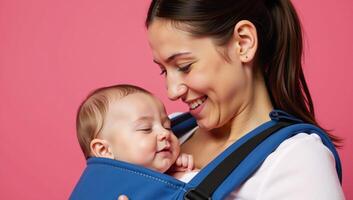 A smiling mother tenderly holds her sleeping baby in a blue carrier on a pink backdrop photo