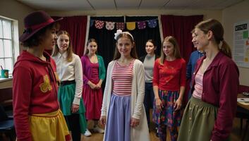Drama Club Room Costumed students enthusiastically rehearsing onstage with cozy ambiance photo
