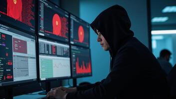 Hooded analyst engrossed in multiscreen data analysis within a cybersecurity environment surrounded by bold red digital elements photo