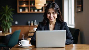A beaming confident successful young Latina entrepreneur works at her laptop in a cozy cafbar environment while managing her small business remotely photo