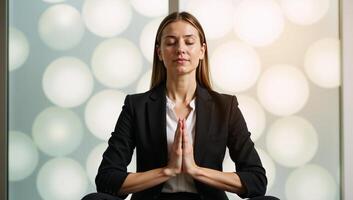 Adult woman meditating with closed eyes and Namaste pose during daytime among blurry orbs photo