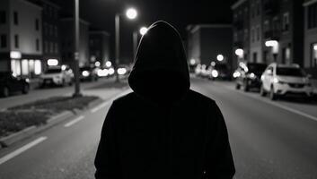 A hooded figure stands on an urban street amidst mysteryevoking blurs of light photo