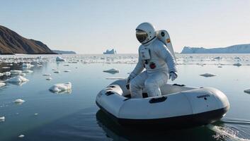 Astronaut in spacesuit on floating raft amidst icy waterscape photo