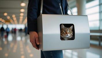 A neuralnetwork rendered image featuring a cat in a box inside an airport with cat motif details photo