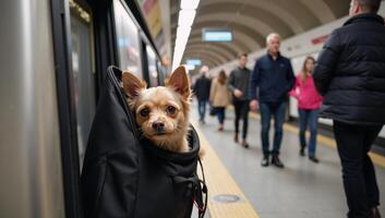 Small dog on bustling subway platform peering from fashionable pet carrier among commuters photo
