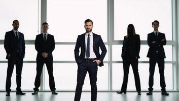 A man poses before corporatethemed silhouettes symbolizing leadership and camaraderie photo