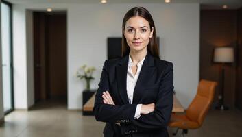Businesswoman in power pose portrayed realistically within an office setting photo