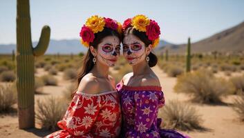 Dia de los Muertos depiction of two catrinas with sugar skull makeup in a barren Mexican desert landscape photo