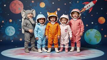 Astronautthemed universe with animals and spacecraft in a colorful watercolor style photo
